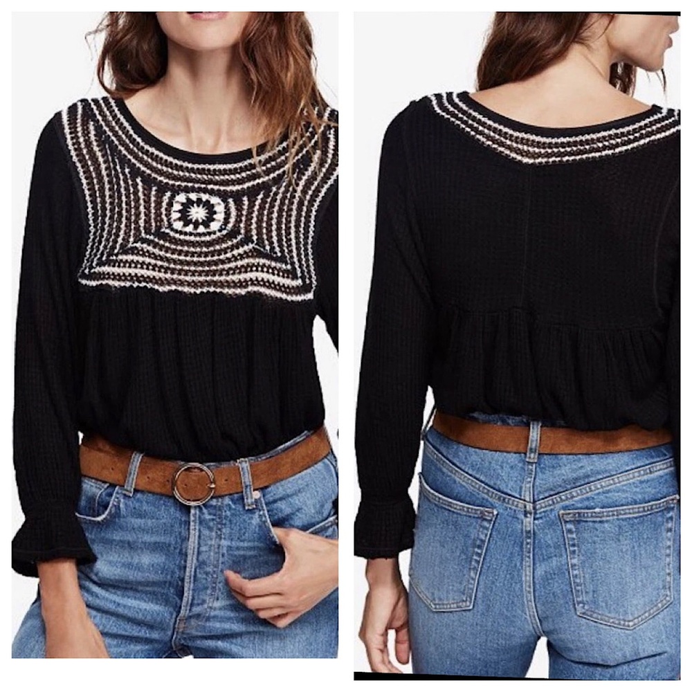Free People Soulmate Crochet Tunic Top Black Waffle Knit Long Sleeves Woman’s XS